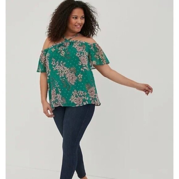 Torrid Cold Shoulder Chiffon Green Floral Halter Blouse - Picture 7 of 8